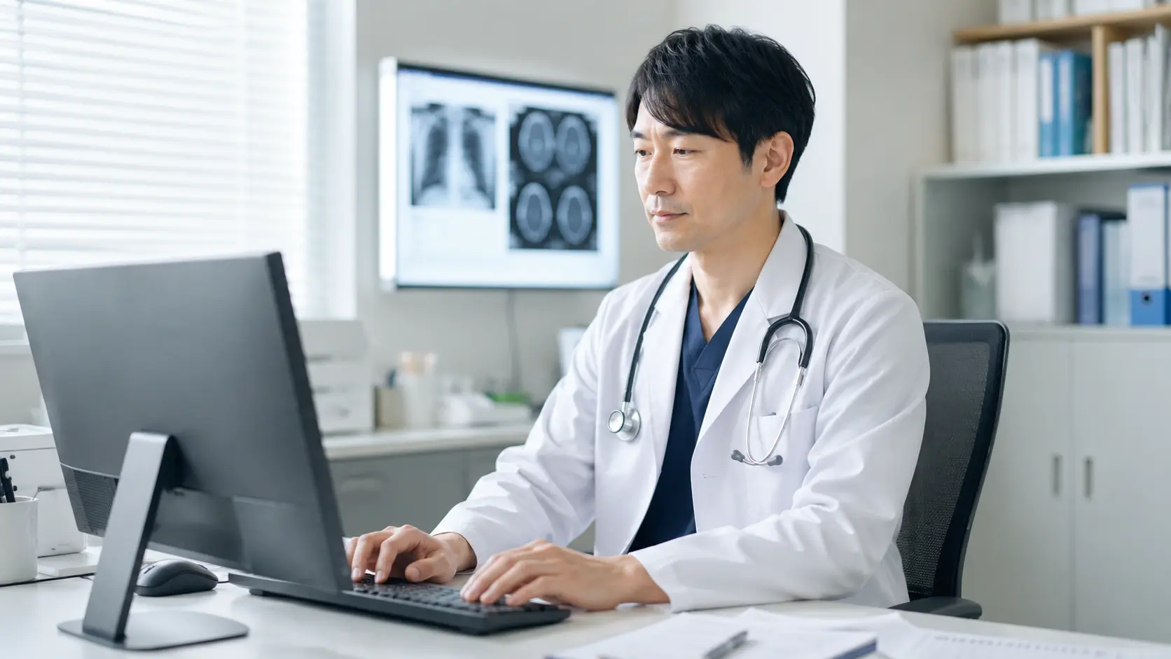 医師が診察室でPCを確認している様子